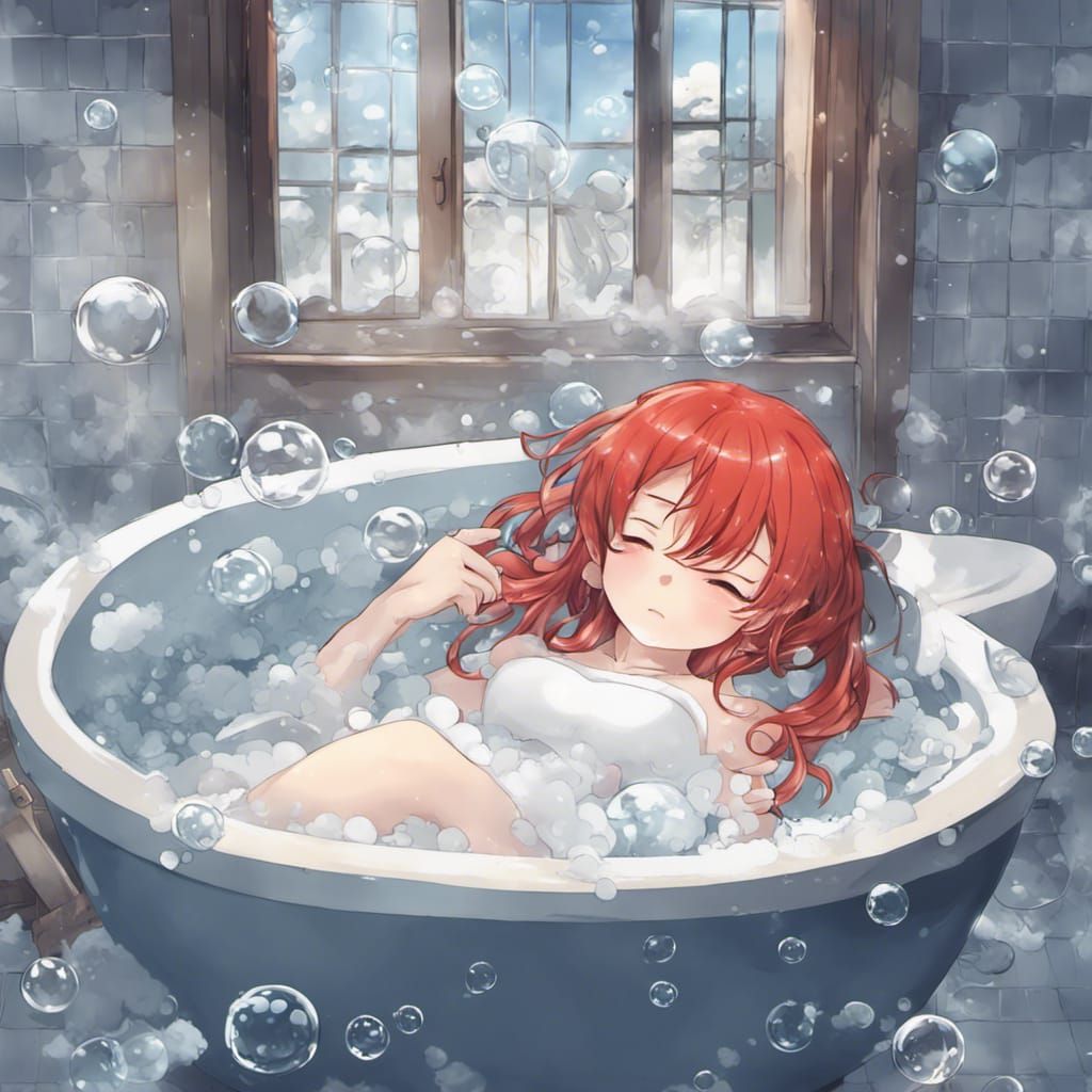 Anime Style: Red-Haired Girl Asleep in Bath