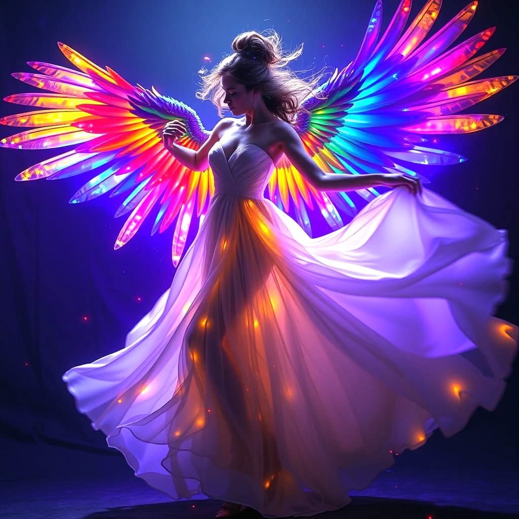 A cinematic shot of a woman dancing elegantly. She is wearin...