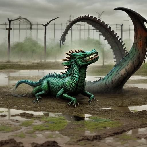 Mud Dragon Graffiti Art in Mud Puddle