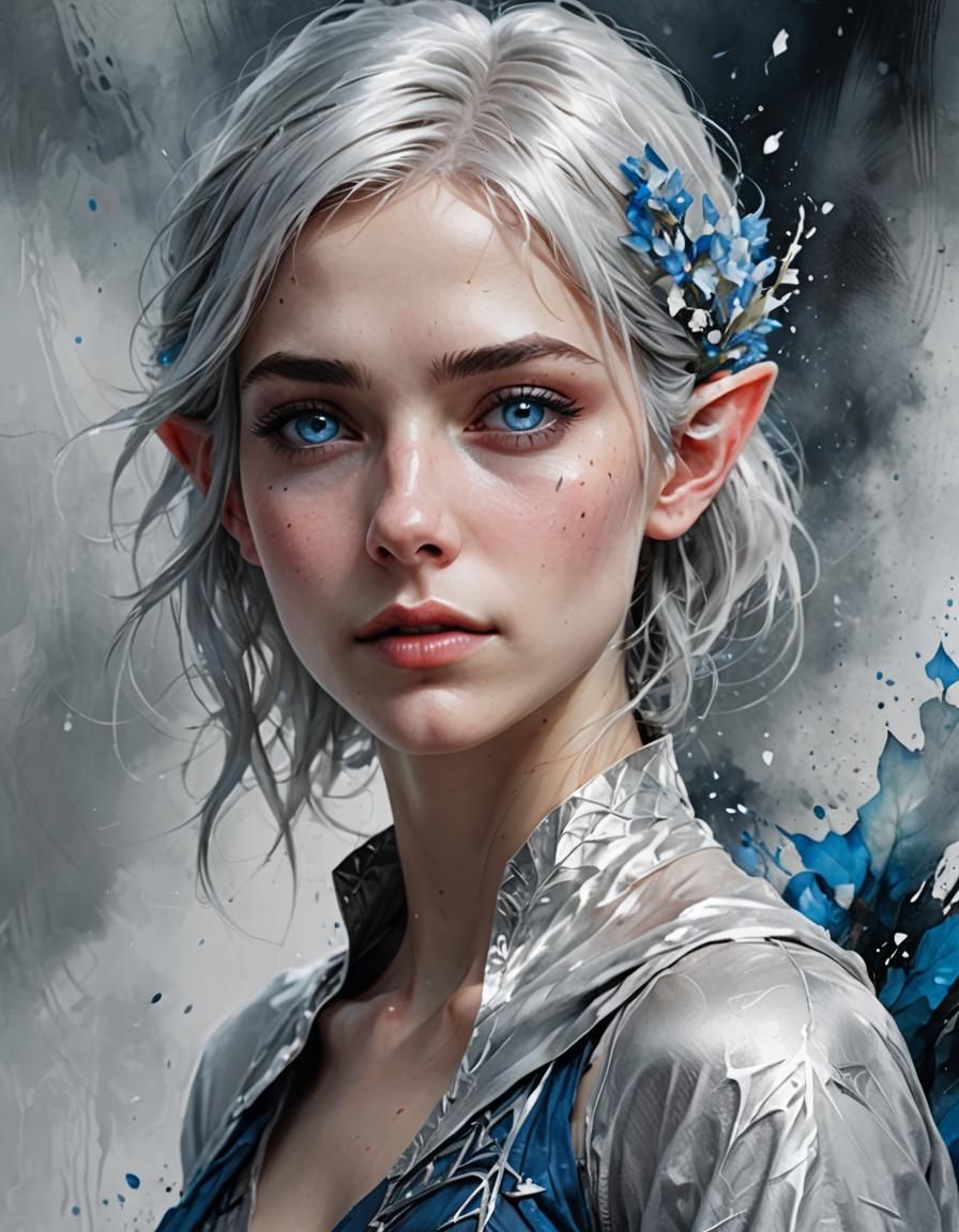 Shy Silver-Haired Elf in Winter Landscape