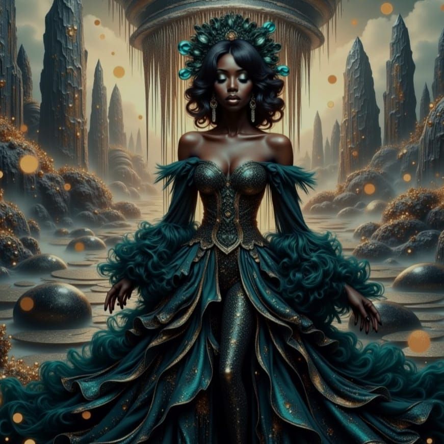 Enchanting Woman in Extravagant Teal Clothing