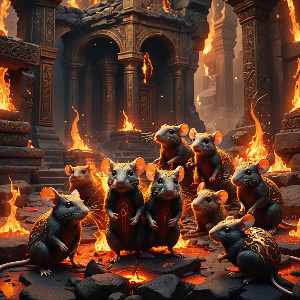 Lava Mice Playing with Fire in Ancient Temple