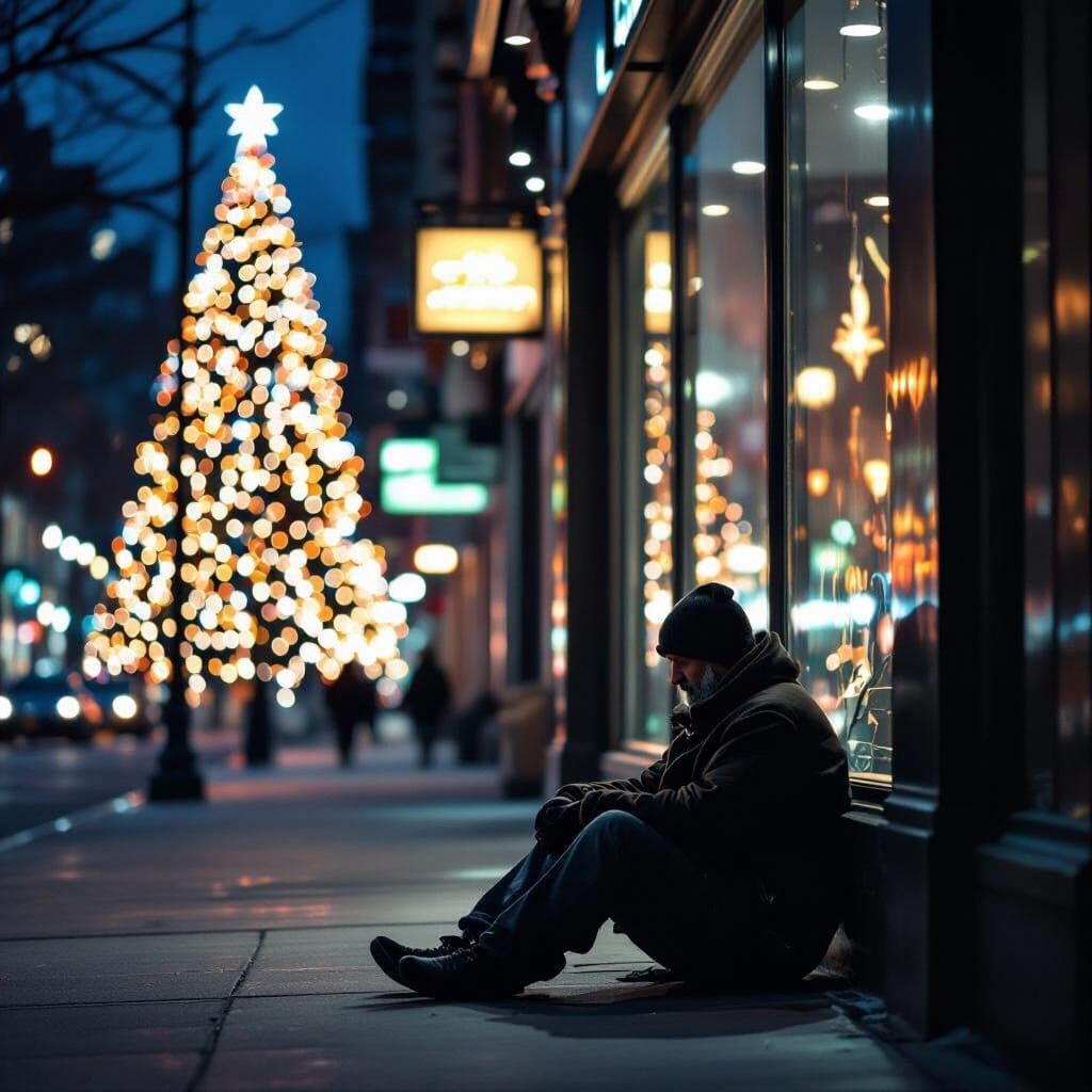 Homeless Man Contrasts With Bright Christmas Tree