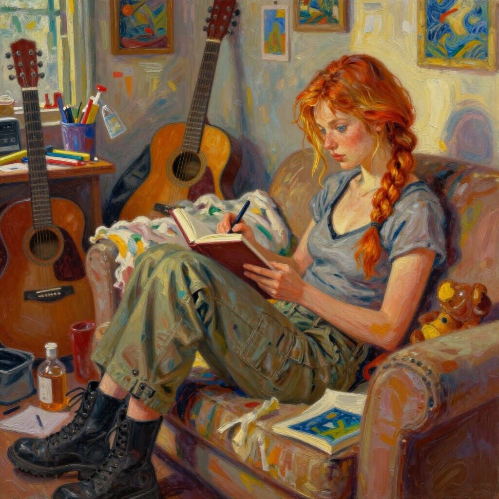 Woman Writing Novel in Cozy Creative Chaos