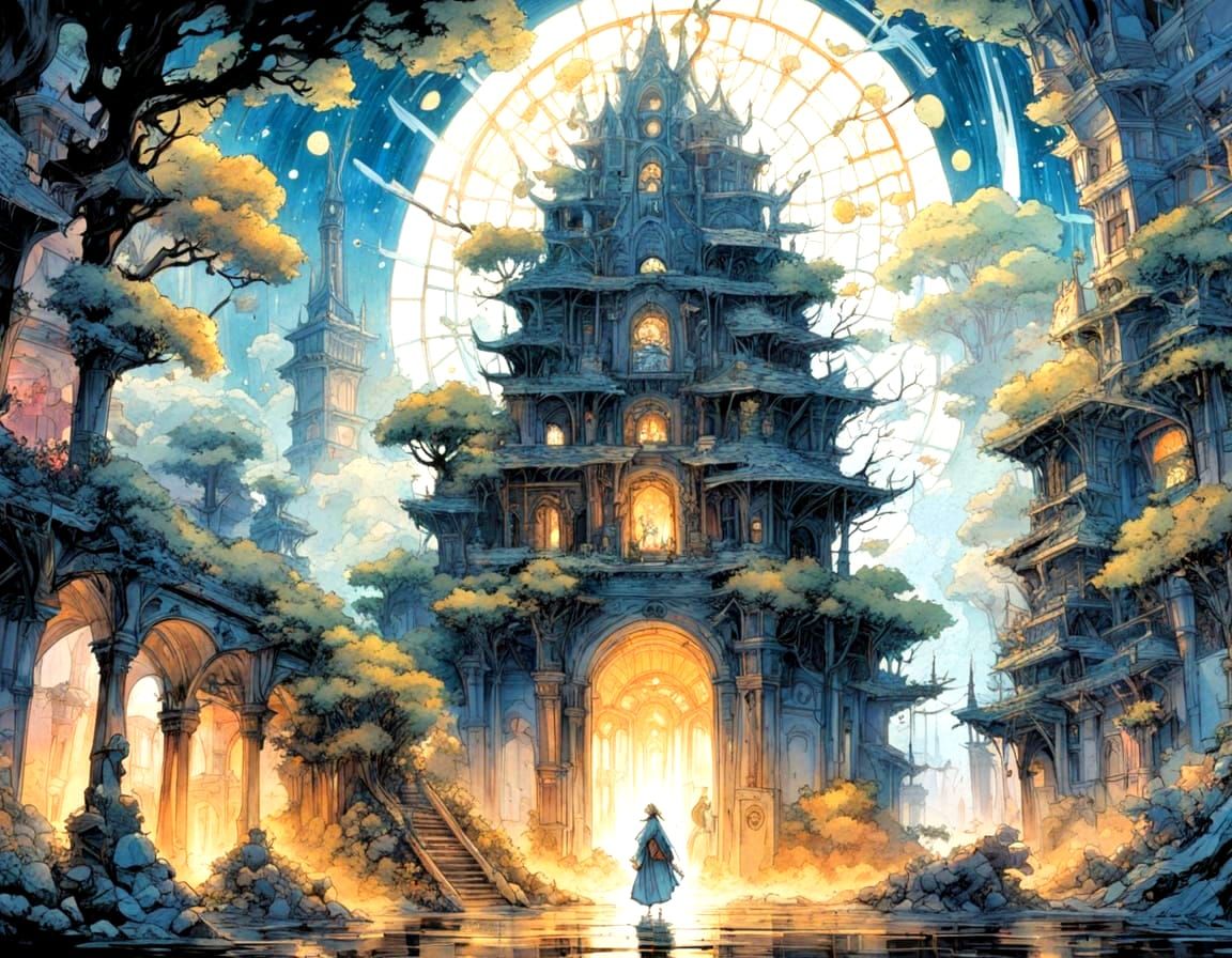 Magical Ancient Ruins with Luminous Flora Under Moonlight