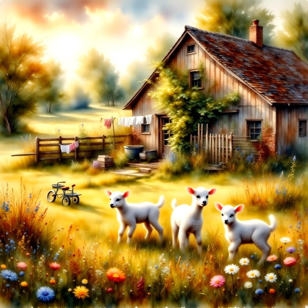 Lambs at Play in Golden Light