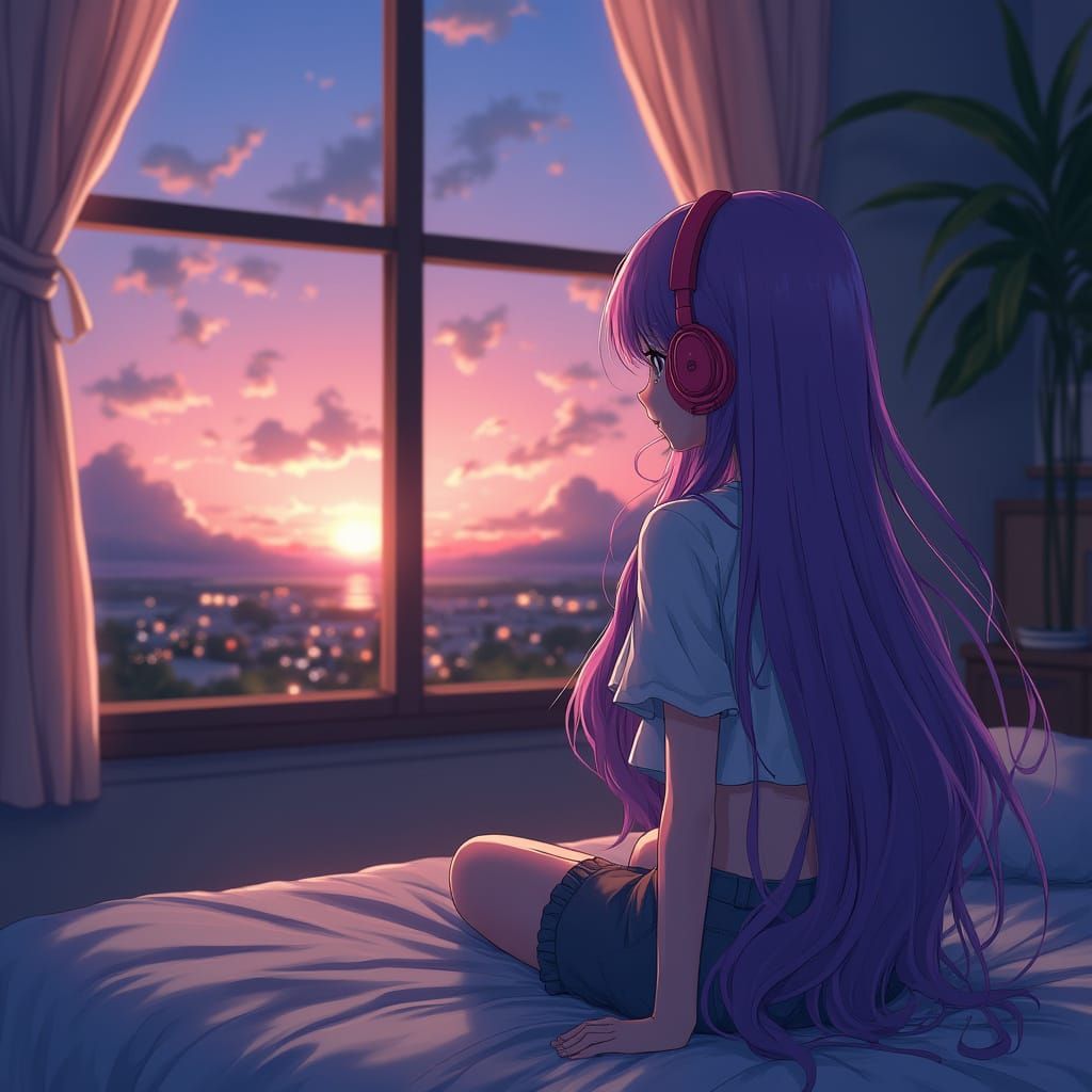 Anime Girl with Purple Hair Gazing at Sunset