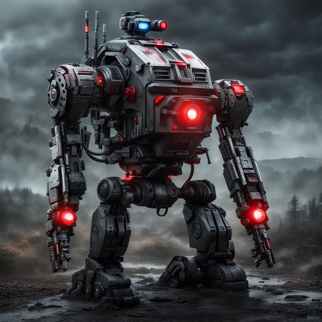 Xenomecha Police Robot in Post-Apocalyptic Landscape