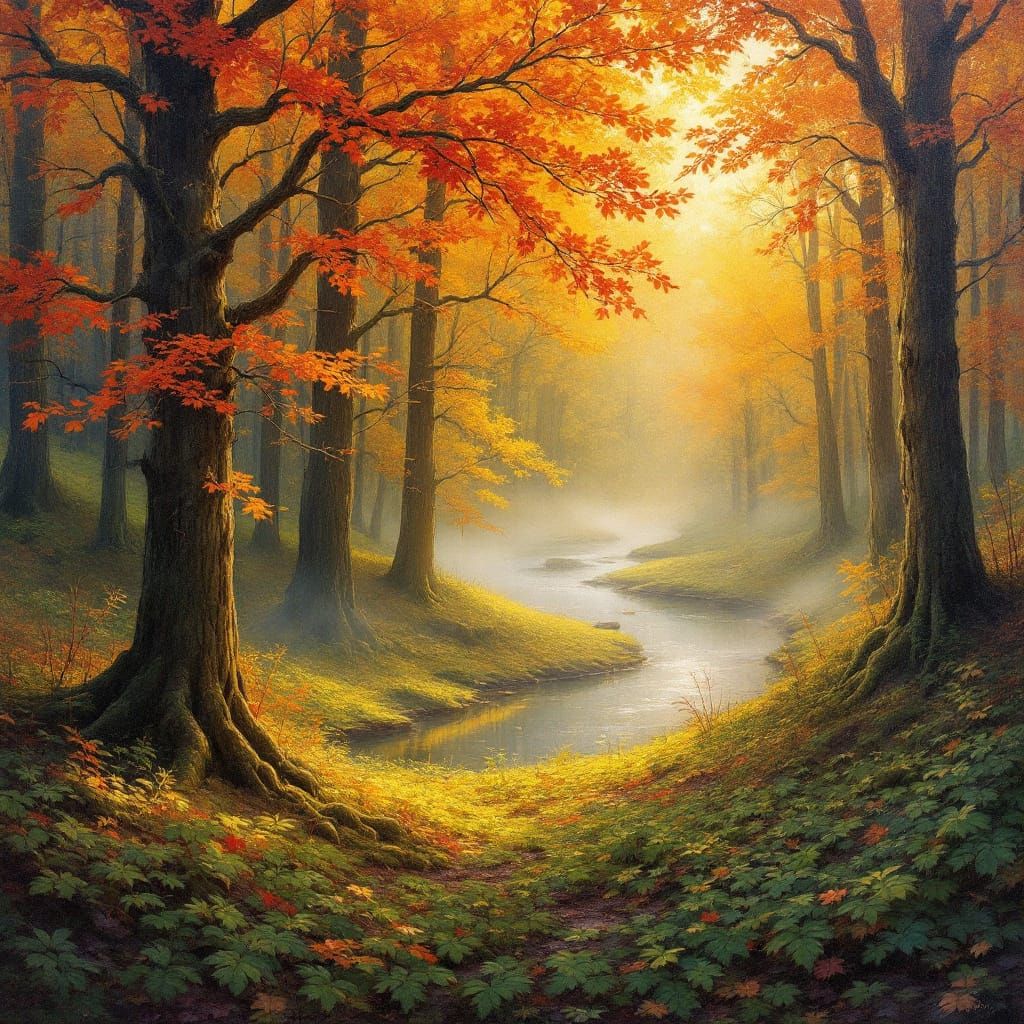 Oregon Forest in Golden Light as Impasto Painting