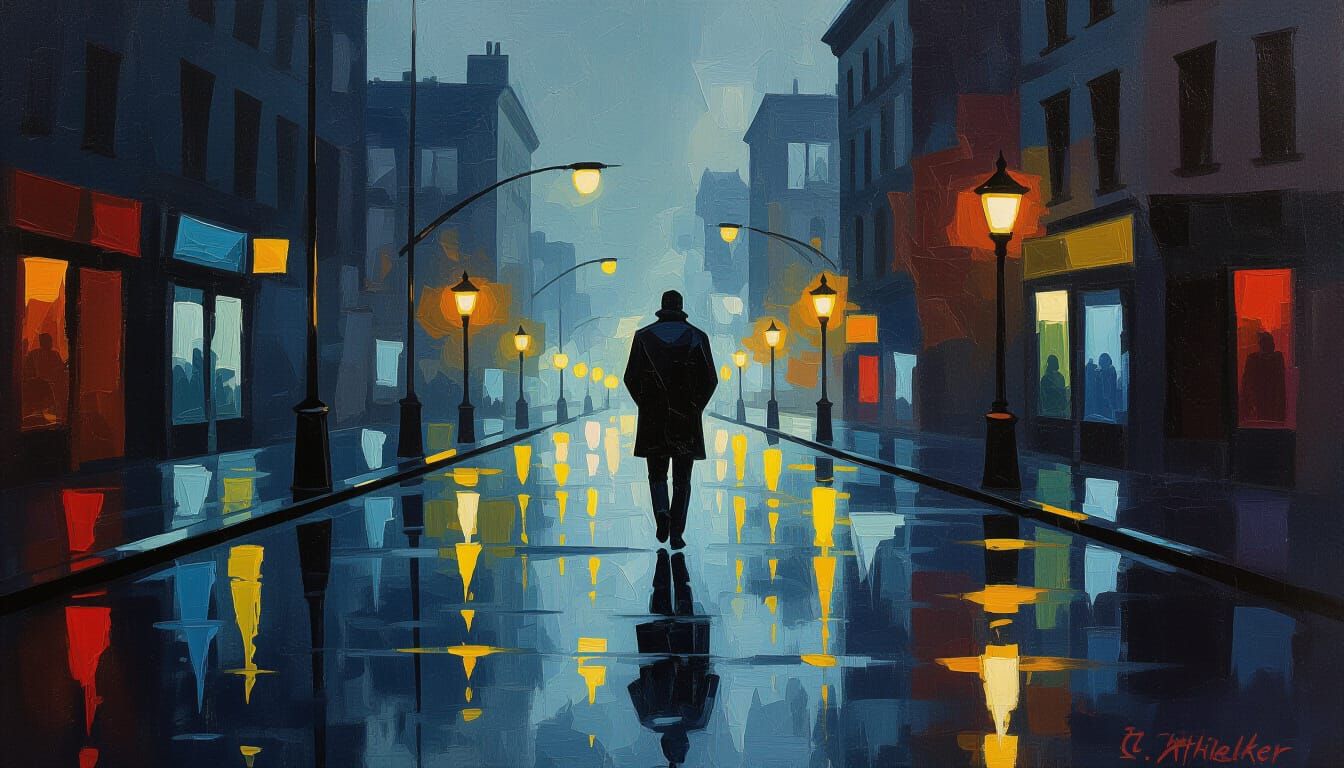 Man Walks Lonely City Street in Deep Oil Painting