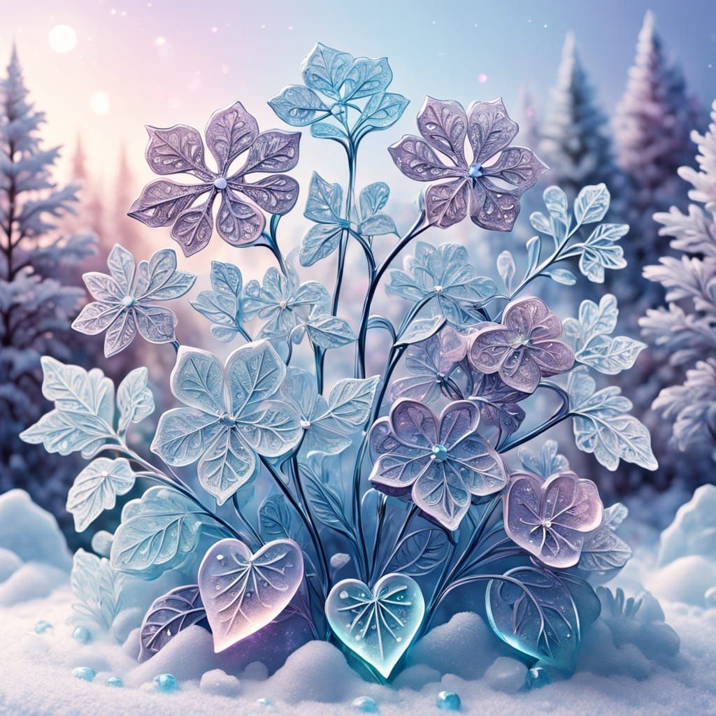 Hyper-Realistic Ice Sculpture of Hydrangeas in Magical Winte...