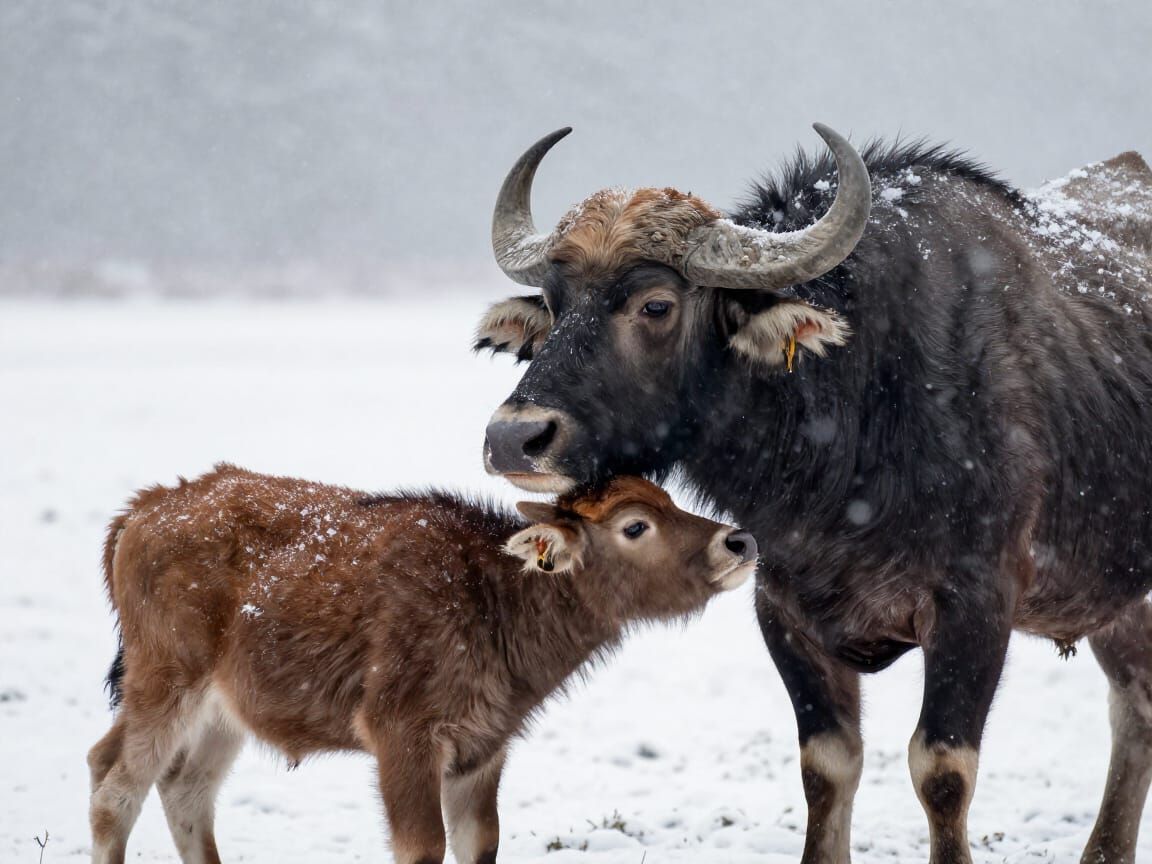 Mother Buffalo Nuzzles Baby in Snowy Storm