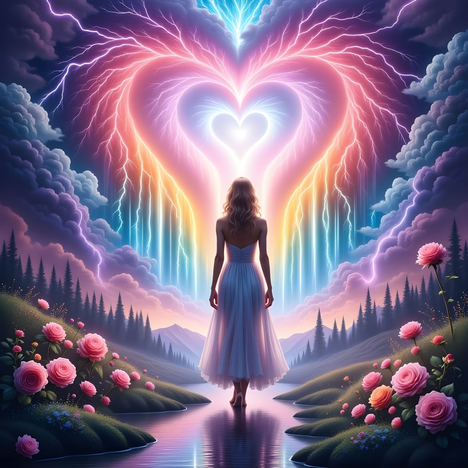 Heart Lightning Over Rainbow Waterfall in Pastel Art