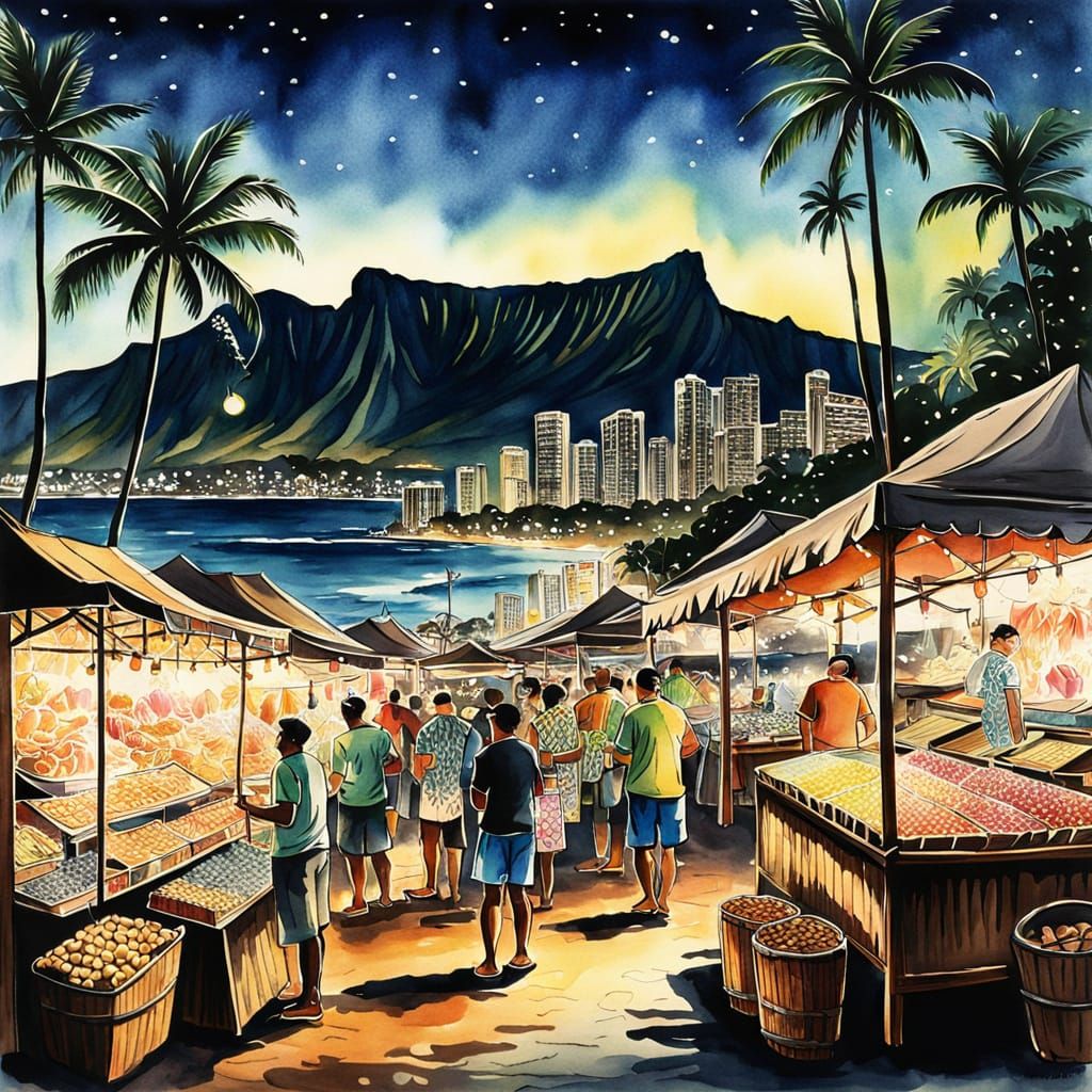 Waikiki Night Market in Vibrant Ink and Watercolor