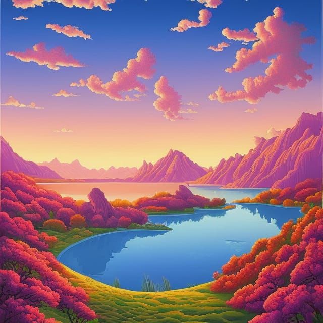 Synthwave Pastoral Landscape in Pop Art Style