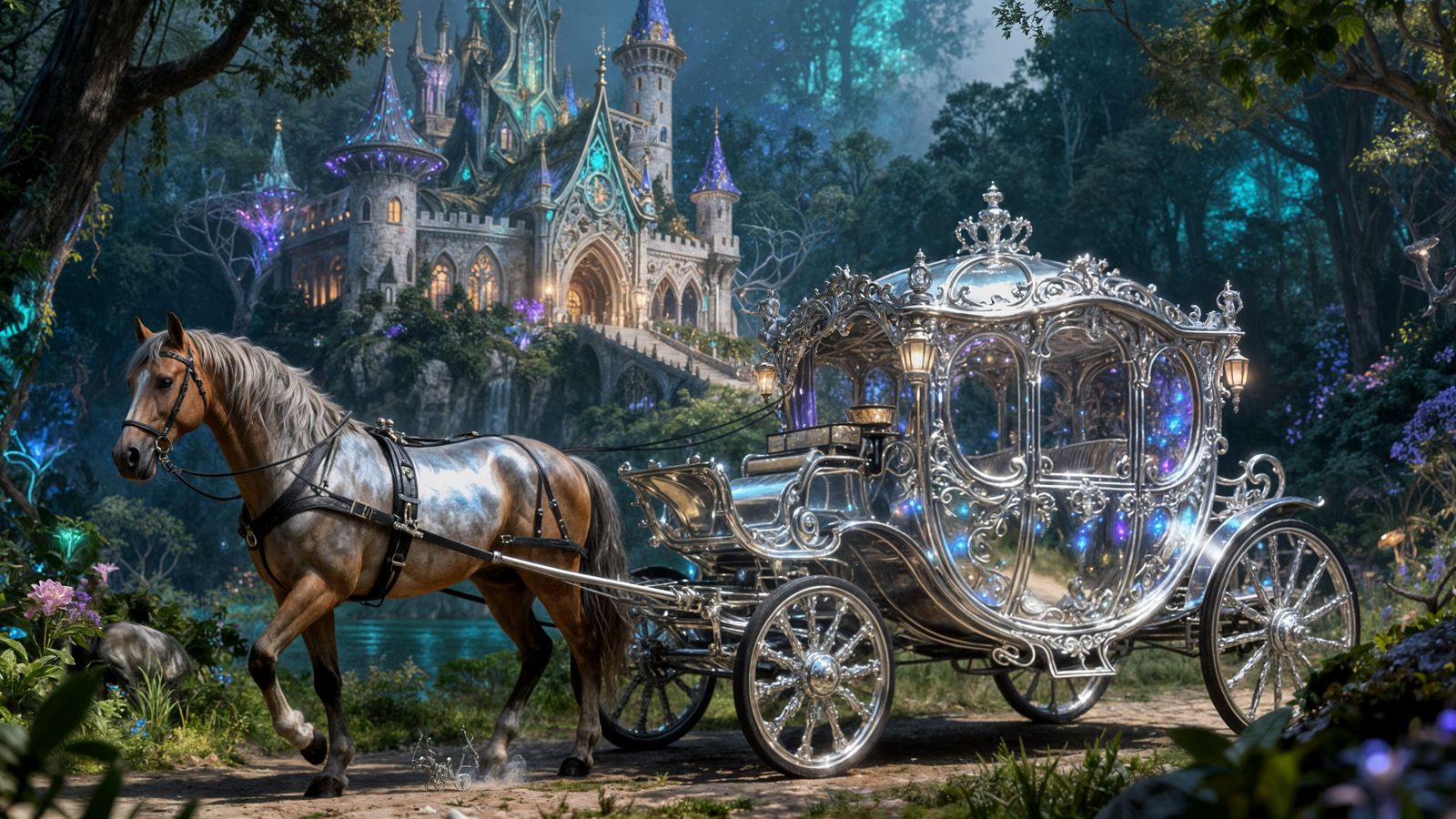 Elven Castle and Antique Carriage in Enchanted Forest