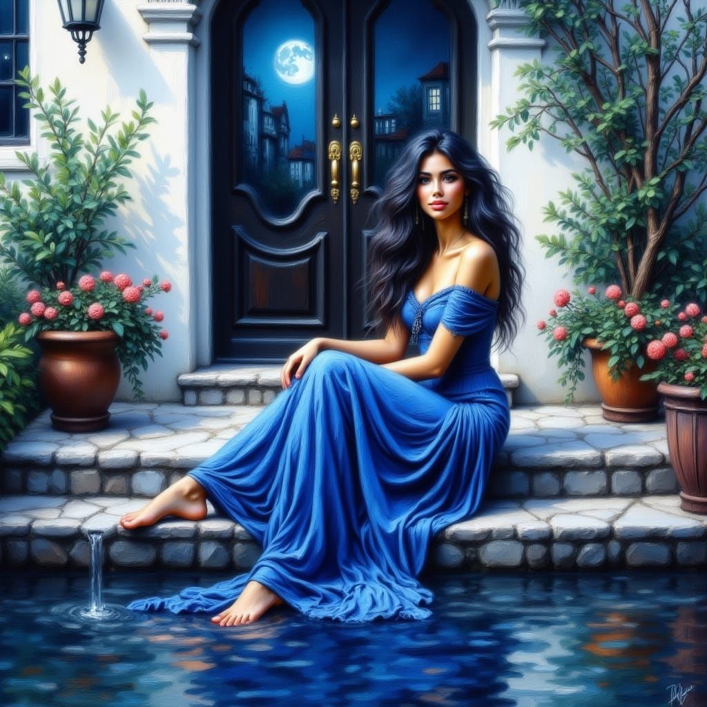 Woman in Blue Dress by Water, Impressionist Style