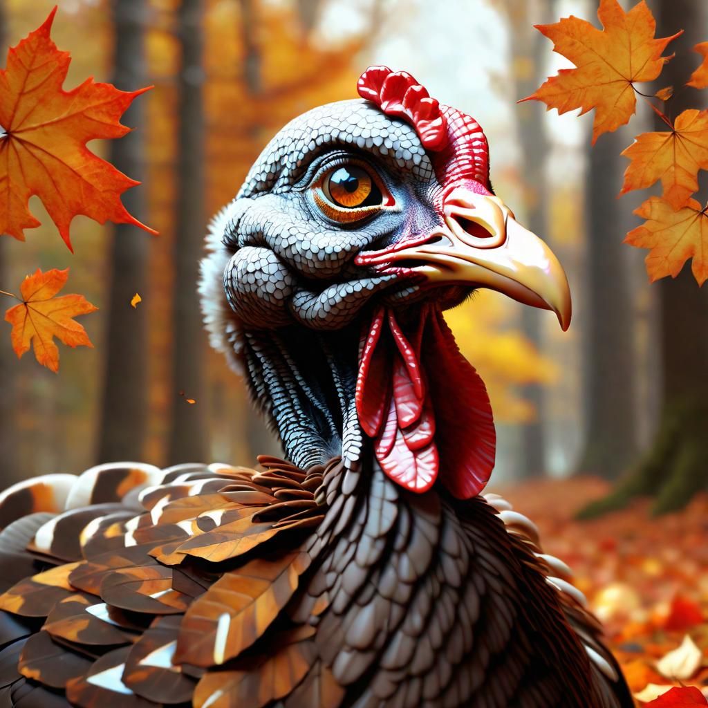 Anime Turkey Portrait with Autumn Leaves