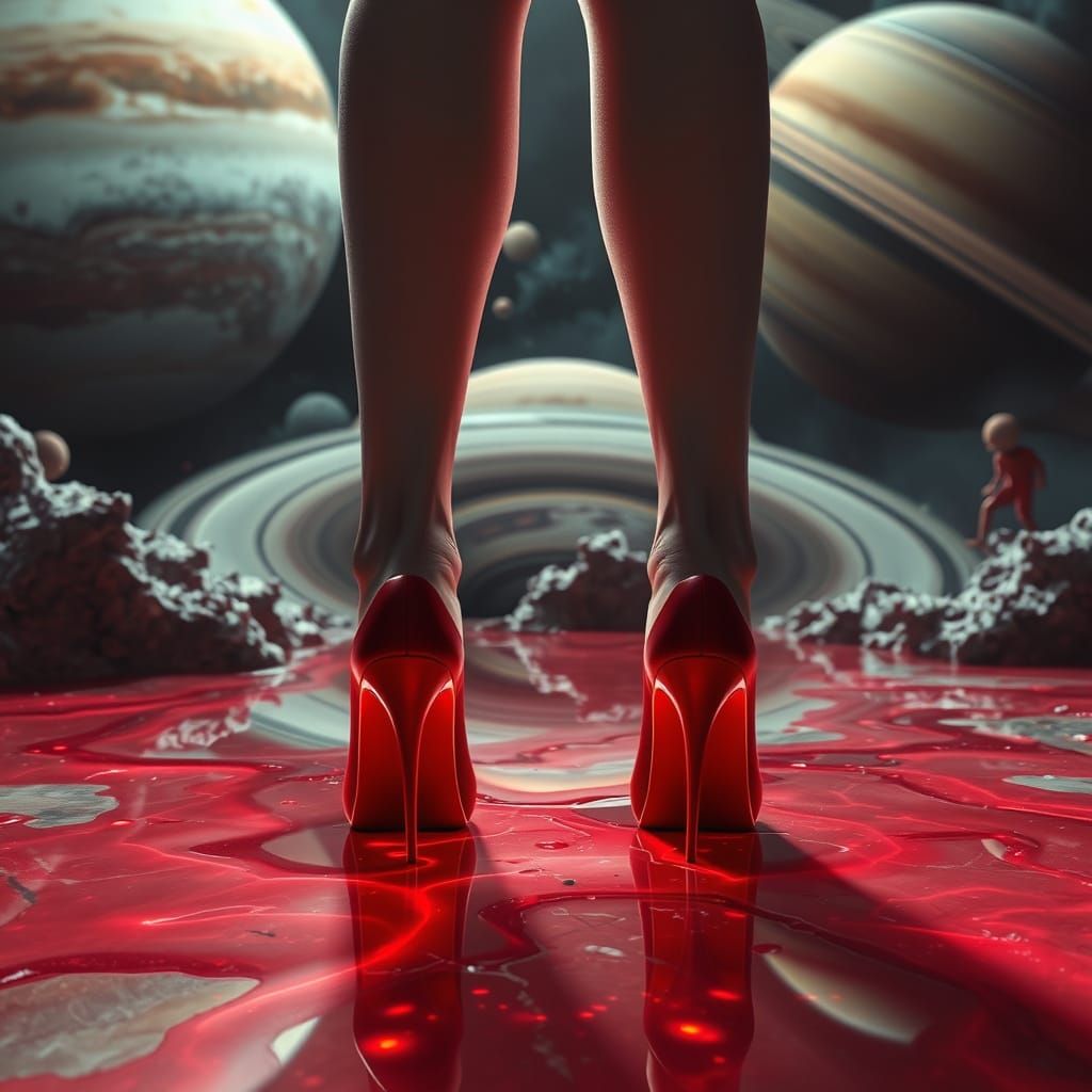 Surreal Planetary Landscape with Red High Heels