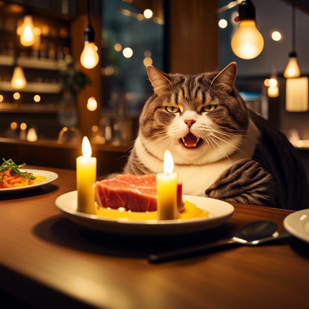 Fat cat eating at a restaurant, happy look in front of the c...