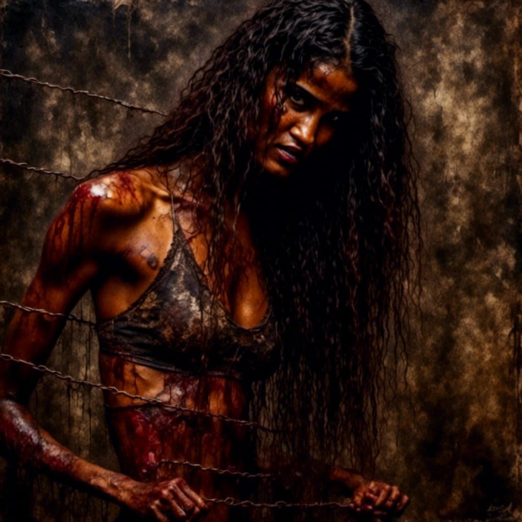 Emotional Impasto Portrait of Woman Against Chain-Link