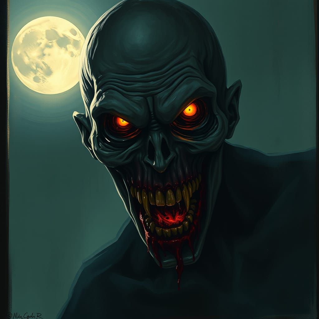 Grotesque Zombie Glares Through Misty Window at Full Moon