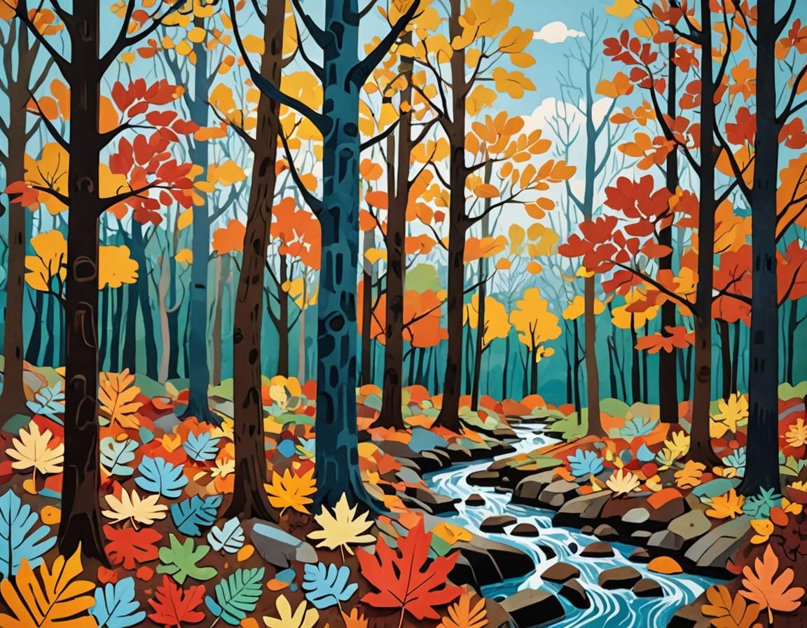 Autumn Forest Paper Collage in Matisse Style