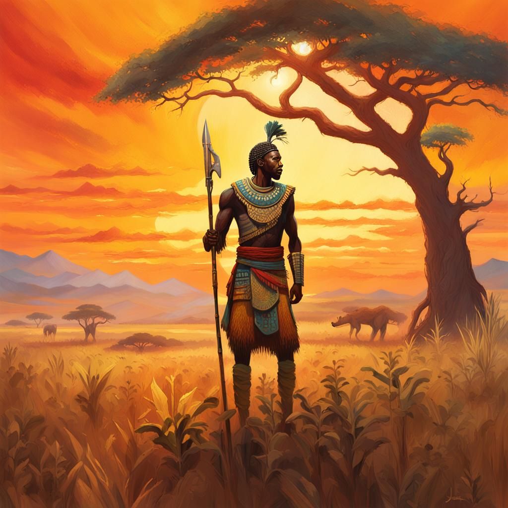 African Warrior in Savannah Sunset: Concept Art
