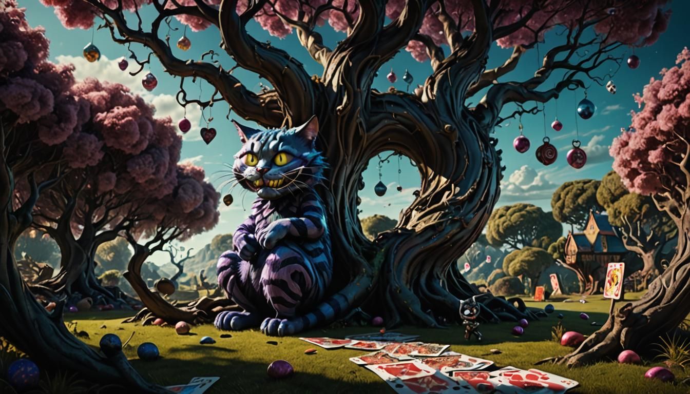 Dark Fantasy: Wonka, Cheshire Cat, and Dali