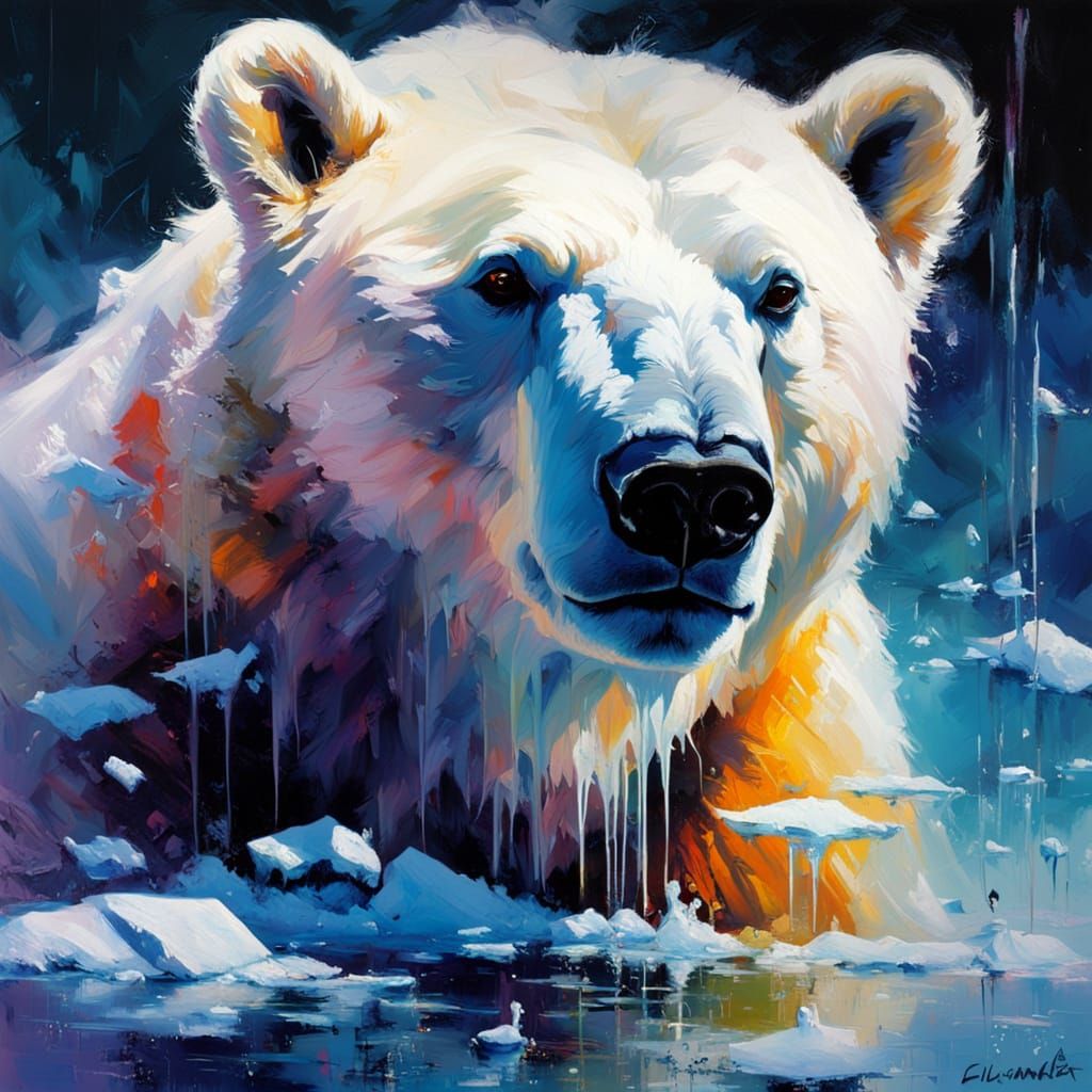 Nervous Polar Bear on Melting Ice: Neon Art