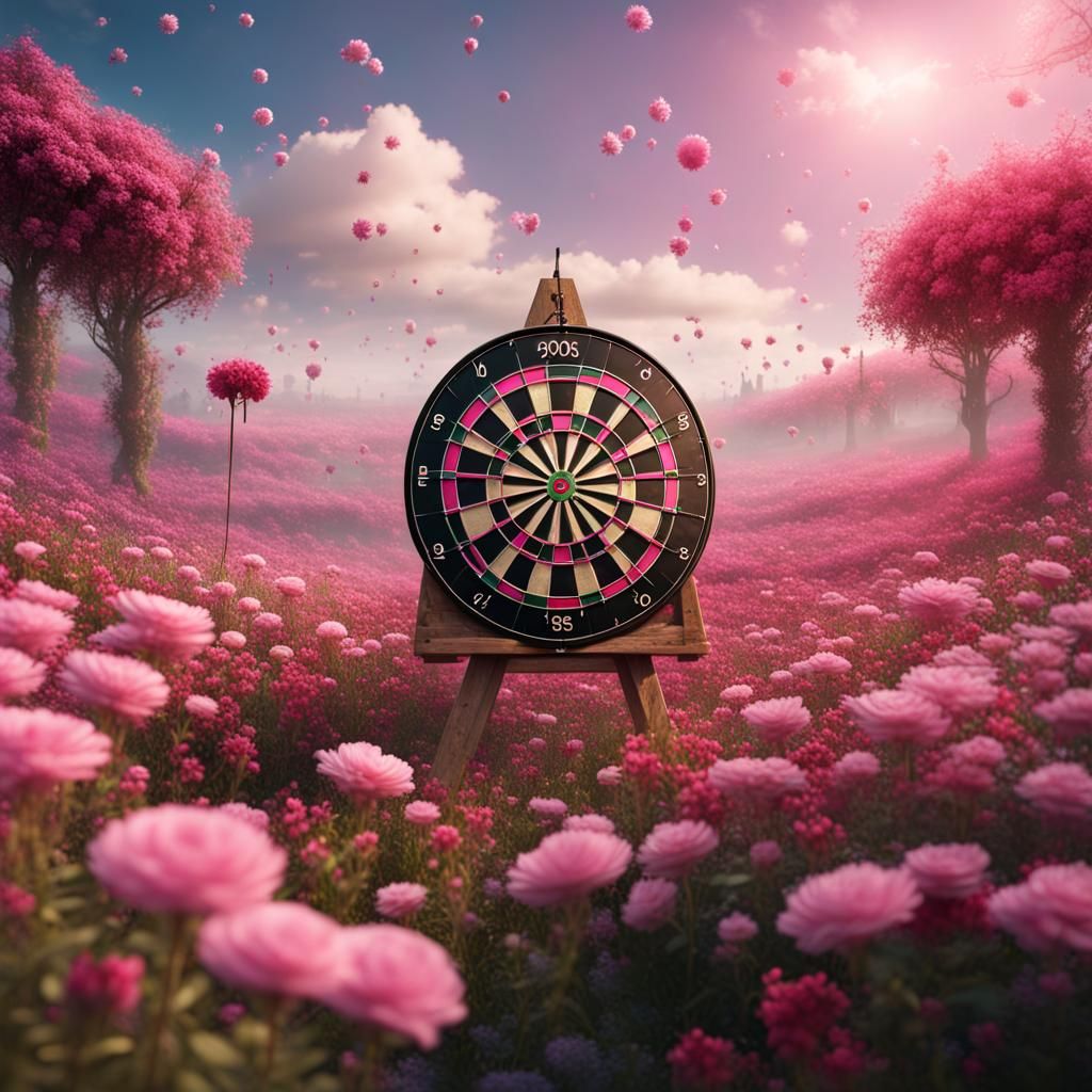 Dartboard in Sky with Flowers: Fantasy Art