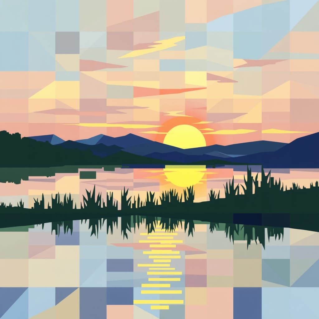 Vibrant Abstractionist Mosaic Sunset on Lake