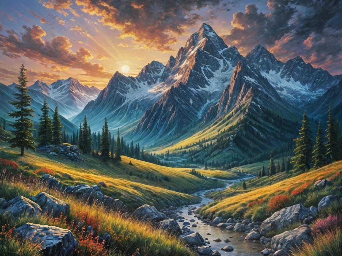 Twilight Mountain Landscape in Dramatic Oil Painting