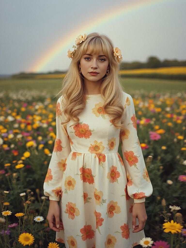 Woman in Flower Field: Dreamlike Vintage Photo