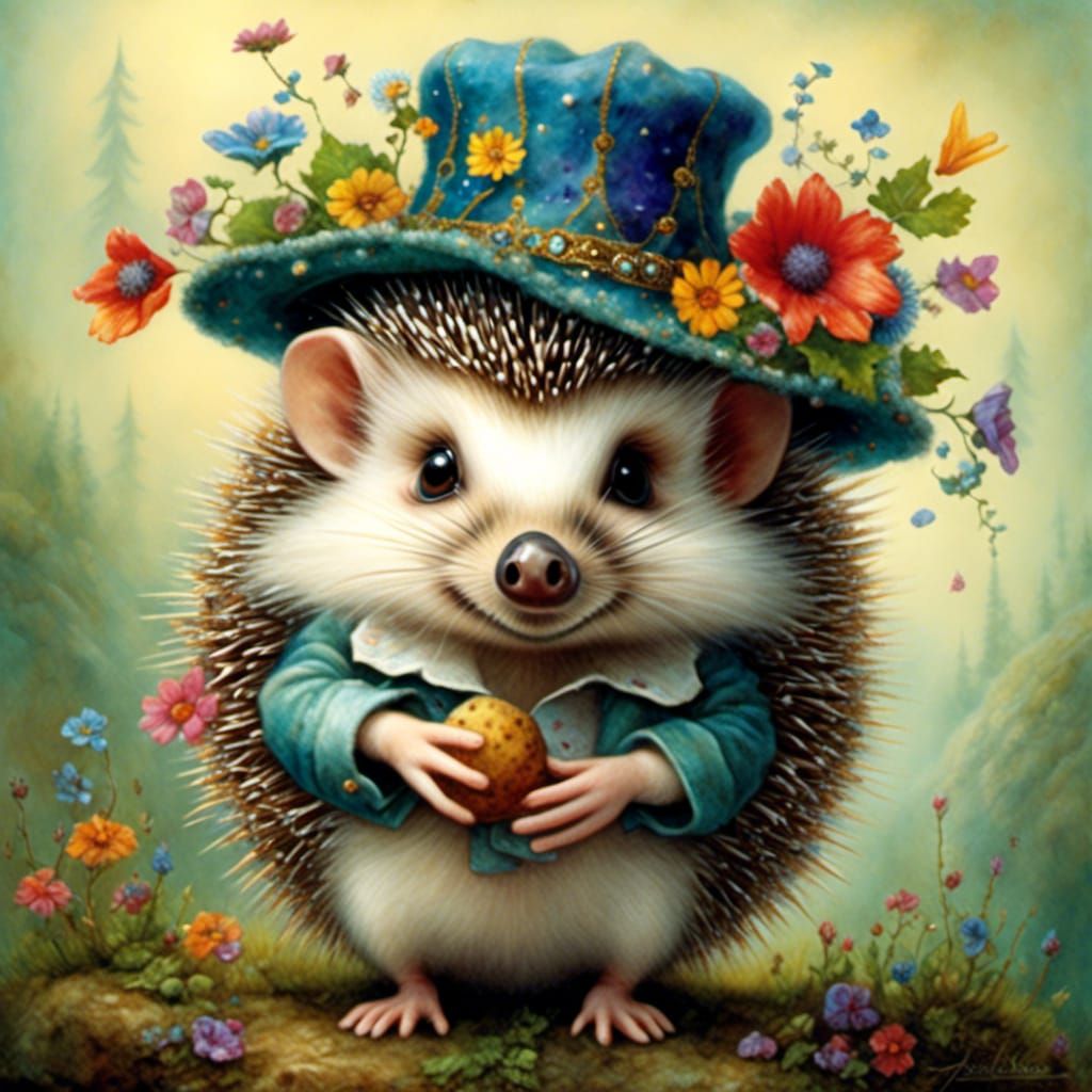 Hedgehog in Hat, Magical Folk Art Style