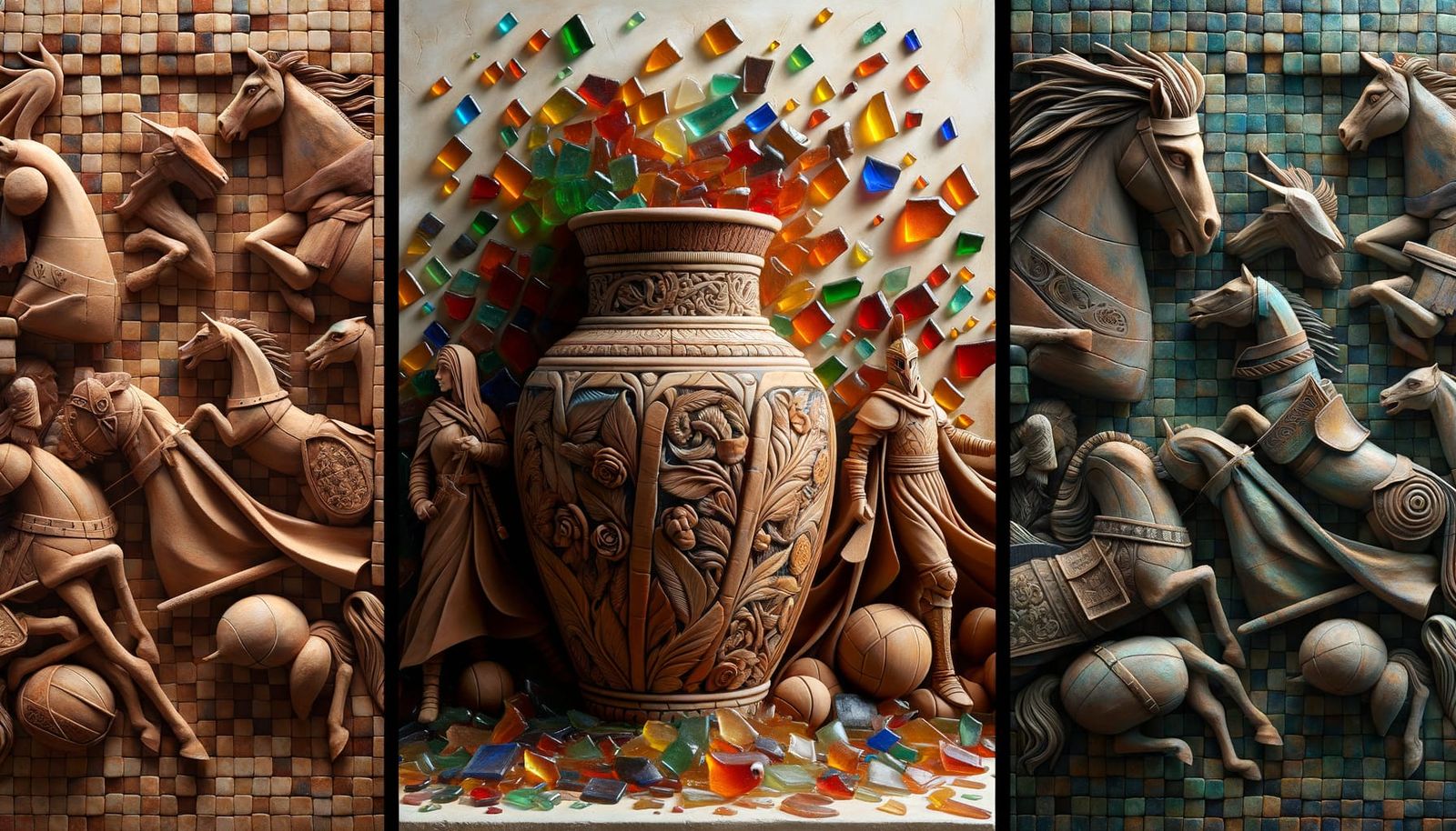 Triptych Artwork: Clay Creatures, Mosaics, and Ancient Marke...