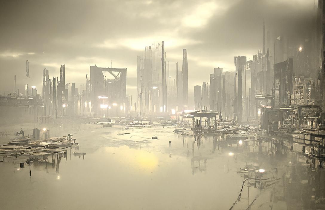 Cyberpunk City Waterfront in Retrofuturism Style