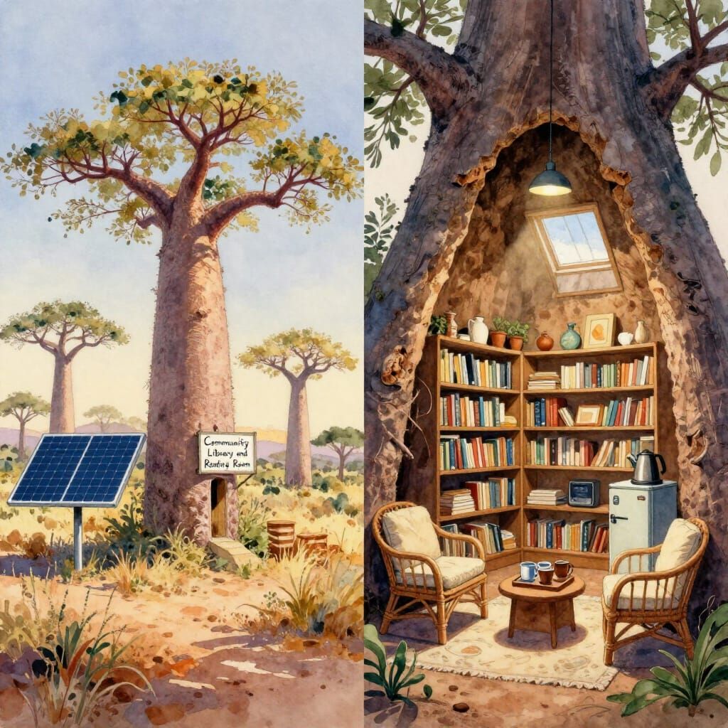 Baobab Tree Community Library at Dawn, Watercolor Style