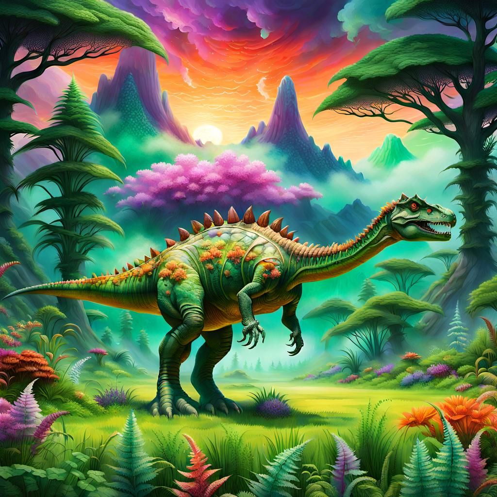 Majestic Gemstone Dinosaur in Vibrant Fantasy Landscape
