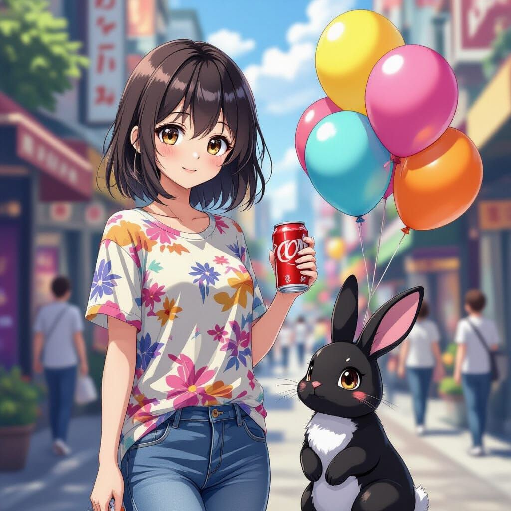 Anime Girl and Rabbit in Cityscape, Studio Trigger Style