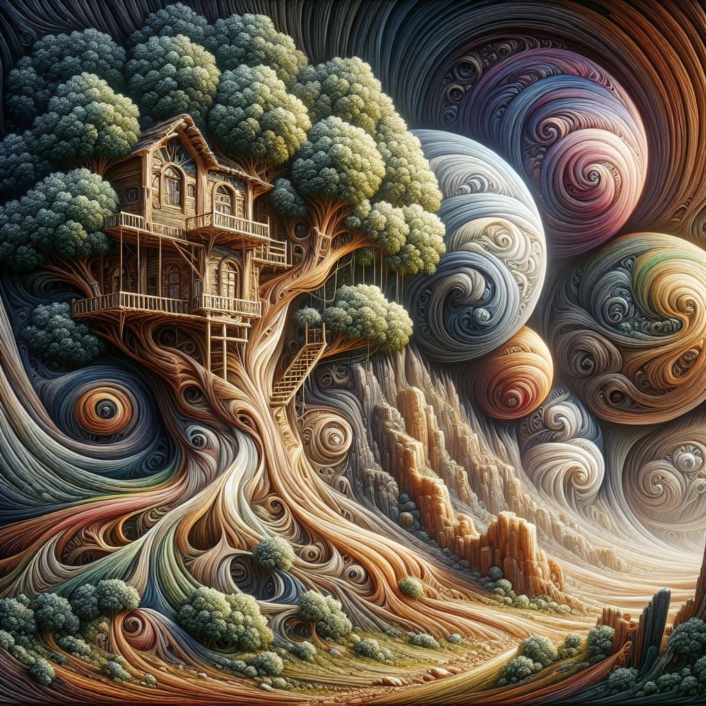 Surreal Treehouse Oasis in a Cave, Oil Painting