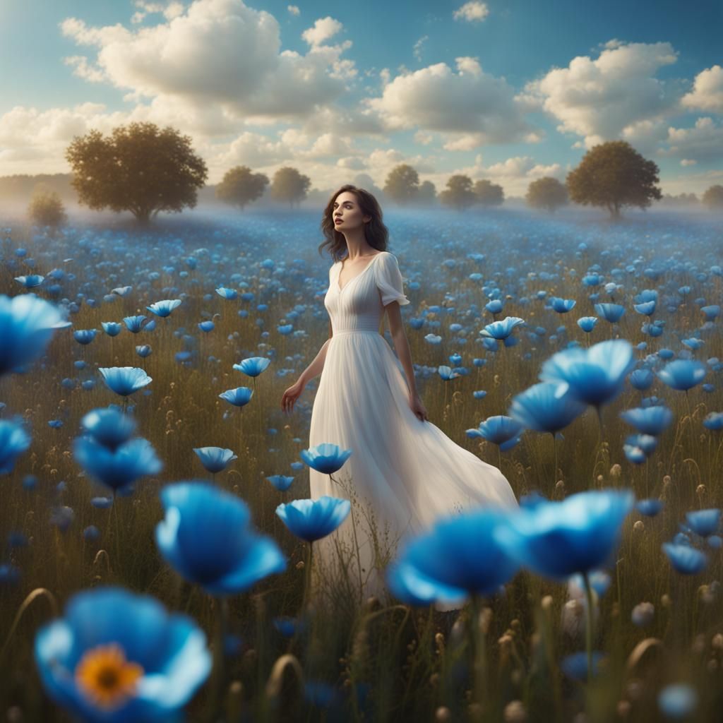 Woman Floating in Blue Poppy Field: Fantasy Art