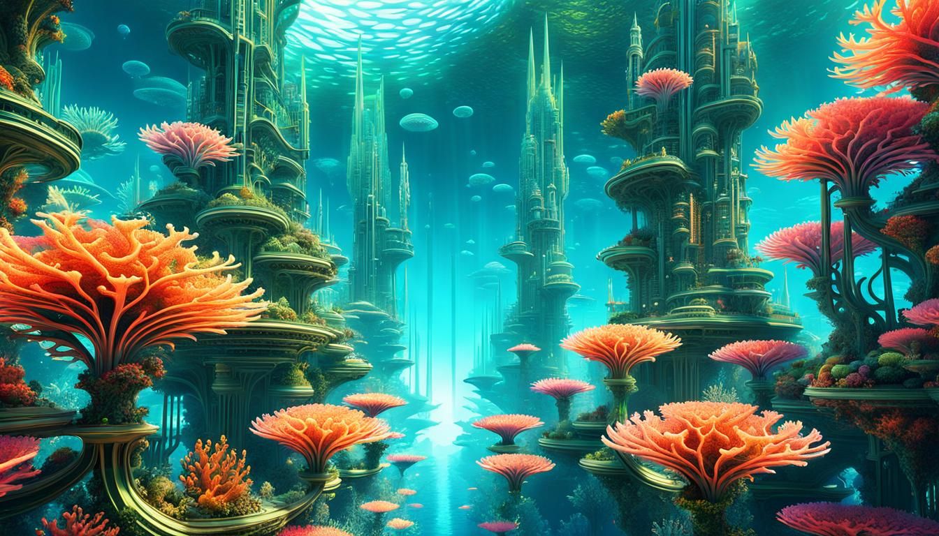 Underwater Teslapunk Atlantis Arcology with Coral Reef
