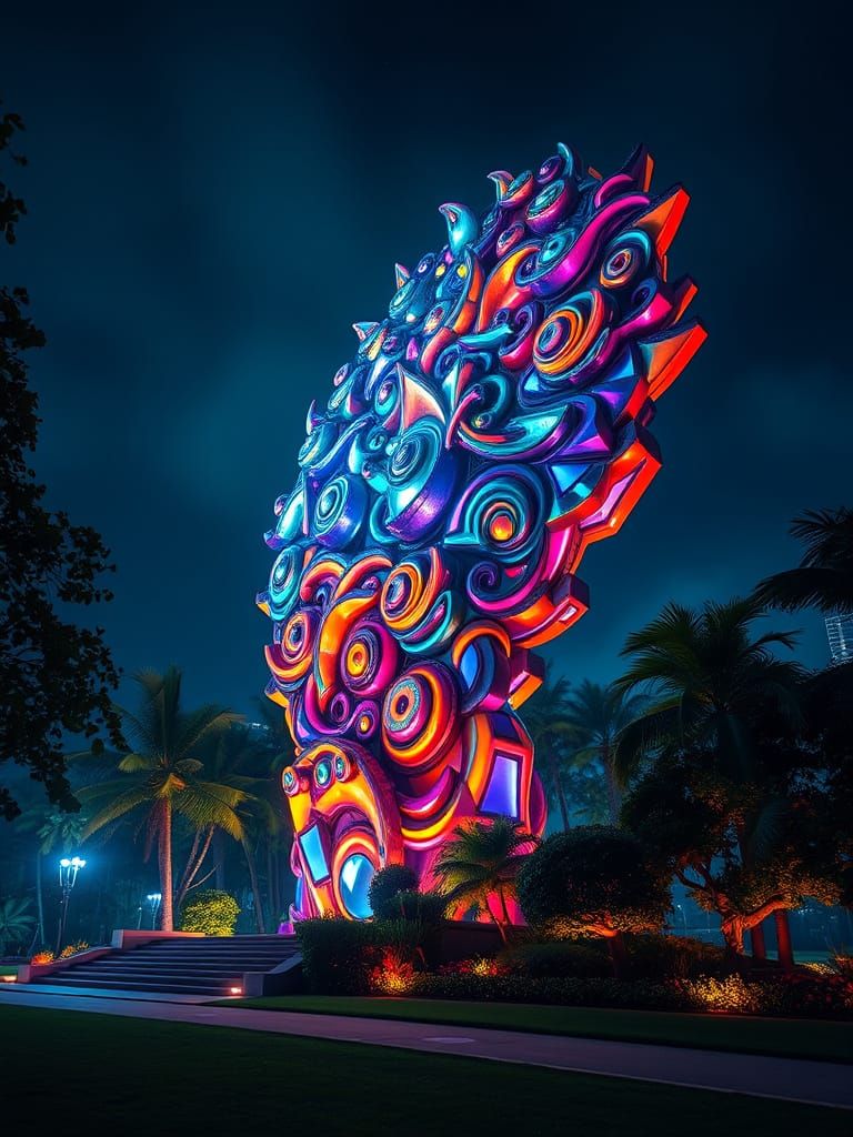 3D digital art. A large abstract sculpture statue in a park ...