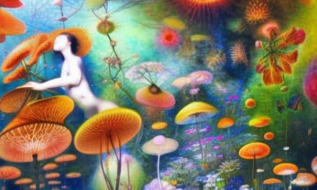 Surreal Stargazing Platform in Botanical Art Style