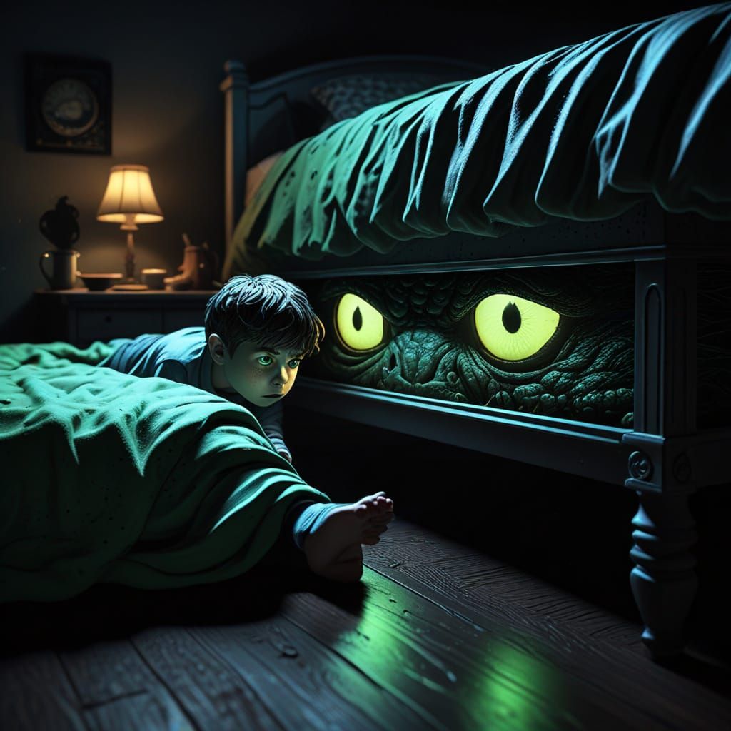 Eerie Encounter: Boy and Glowing Monster Under Bed