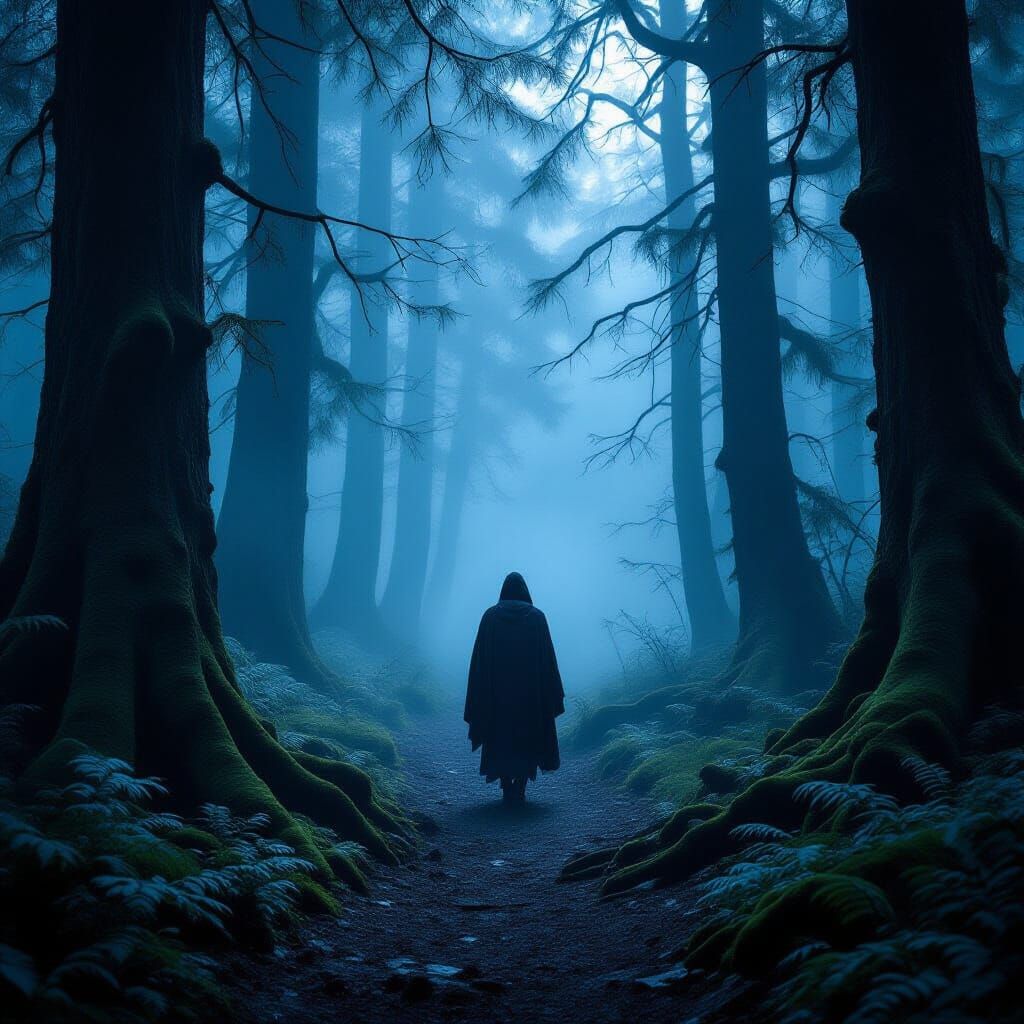 Mysterious Wanderer in Misty Forest at Dawn