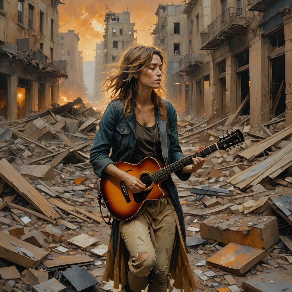 Woman Plays Guitar in War-Torn City, Oil Painting