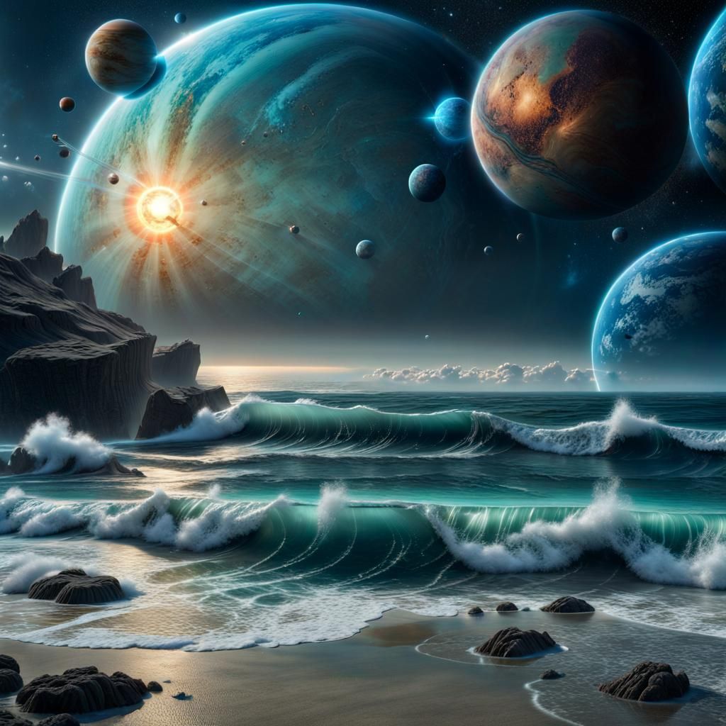Ocean of Planets: Hyperrealistic Surrealist Masterpiece