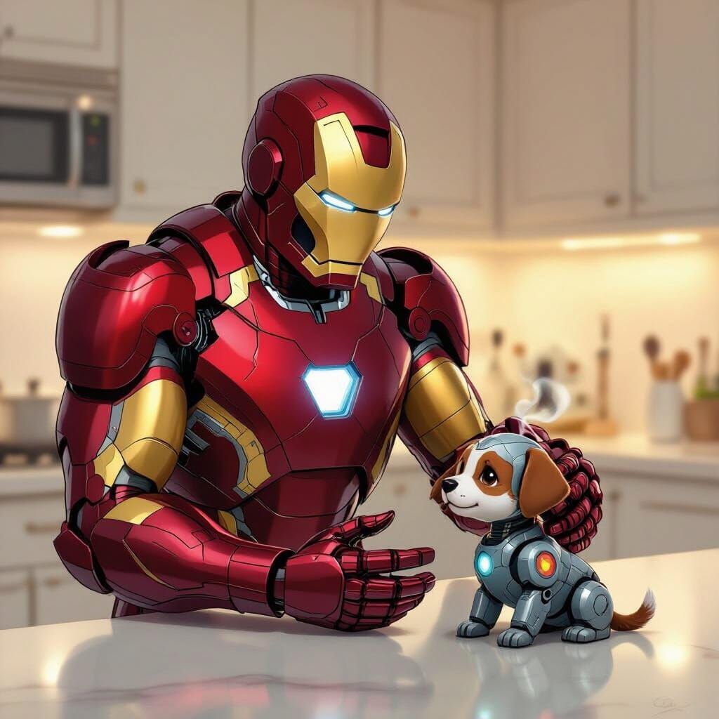 Iron Man Pets Robotic Dog in Penthouse Kitchen